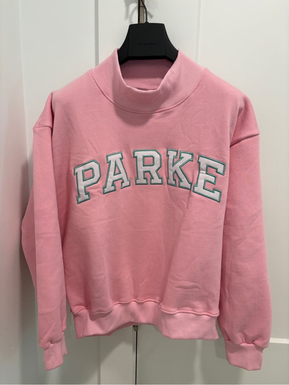 Parker Pink Mock-Neck Sweatshirt with Mint-Trim Varsity Letters